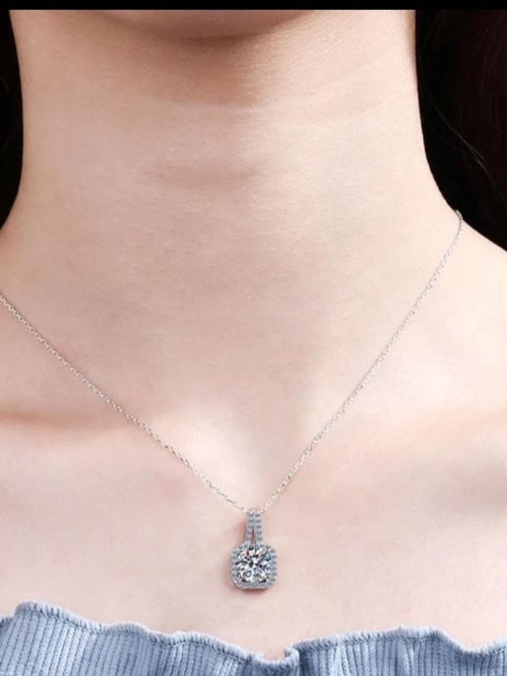 Silver Halo Cushion Pendant Necklace with White Crystal